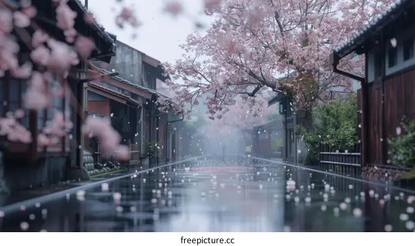 Cherry blossoms petals falling on a wet street in Japan