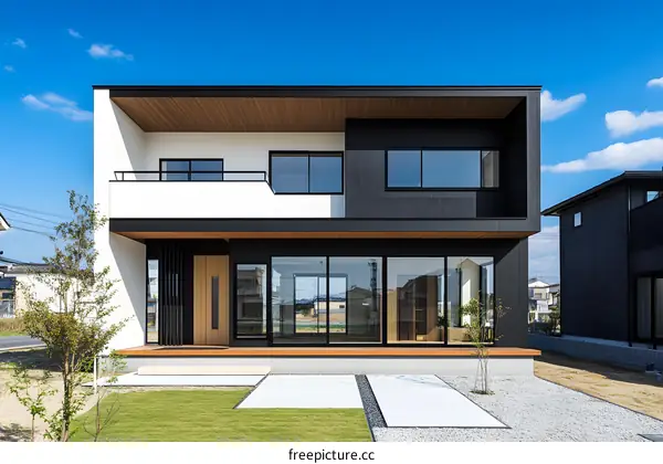 Modern Black and White House Exterior Design with Glass Windows and Wooden Door