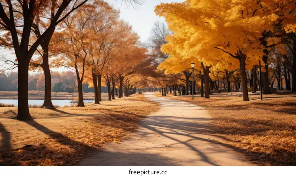 Fall Scenery of a Park with Trees and a Walking Path