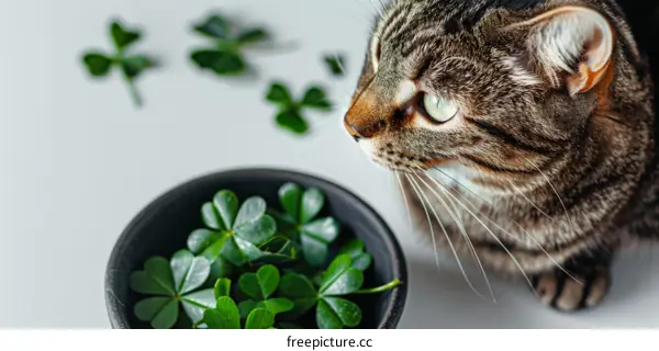 A curious tabby cat looking at a bowl of four-leaf clovers