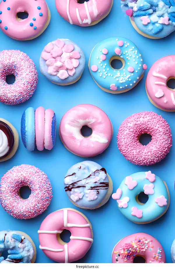Assortment Of Pink And Blue Donuts On A Blue Background