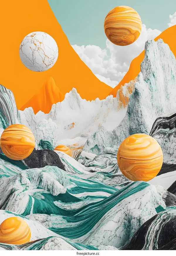 Abstract Art With Floating Orbs and Marble Mountains