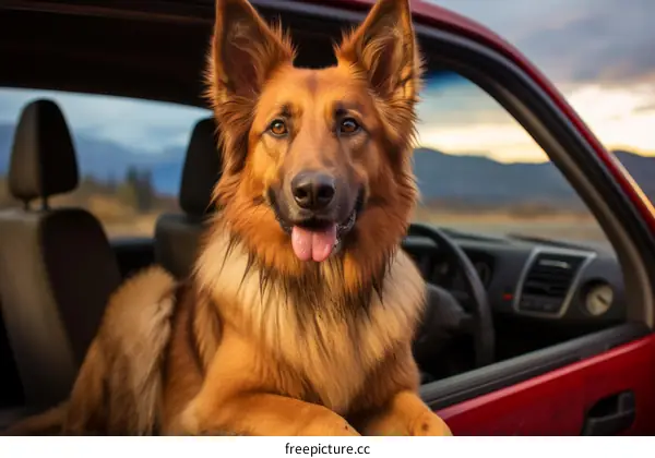 Brown German Shepherd in Red Truck Driver's Seat