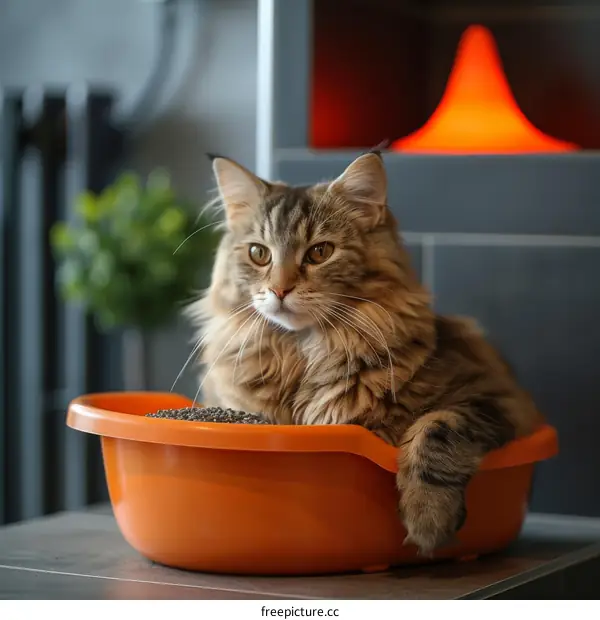 A ginger cat sitting in an orange plastic litter box