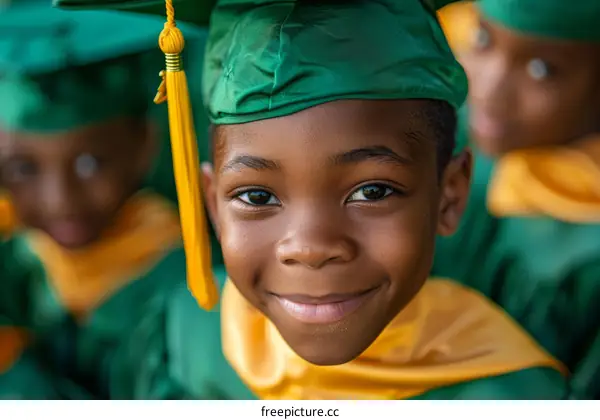 A young African-American boy smiles in his graduation cap and gown.