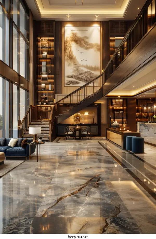 Grand Staircase in Opulent Hotel Lobby