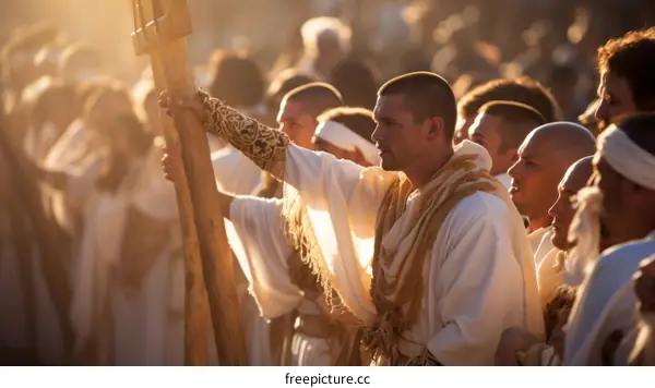 A group of men in white robes and head coverings carry a large wooden cross through a crowd of onlookers