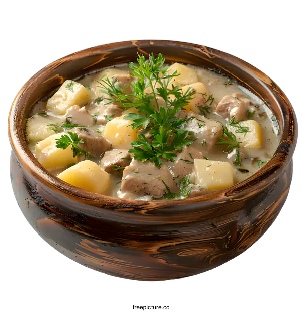 [Transparent Background PNG]Potato and meat stew in a wooden bowl