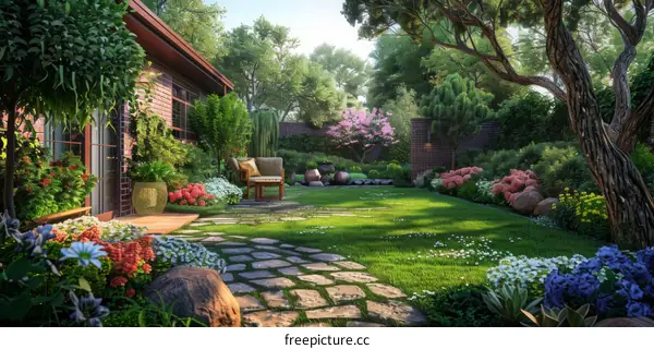 A Serene Garden with a Stone Pathway and Lush Greenery