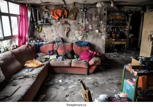 Dusty and Abandoned Living Room with Red Couch