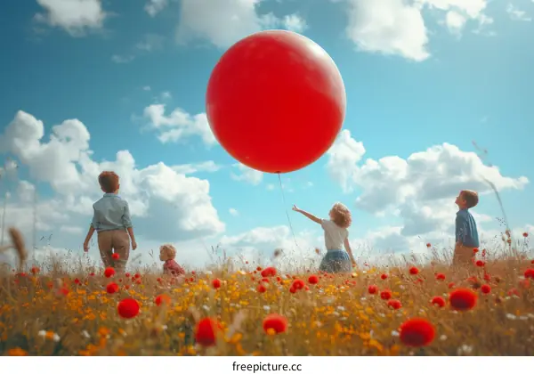 Four children in a field of red flowers reaching for a large red balloon