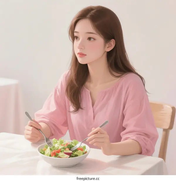 A young woman in pink blouse eating healthy fresh salad