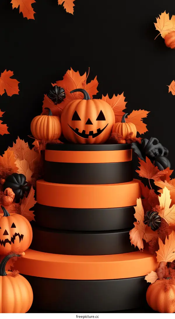 Halloween Pumpkin Display on a Multi-Tiered Stand