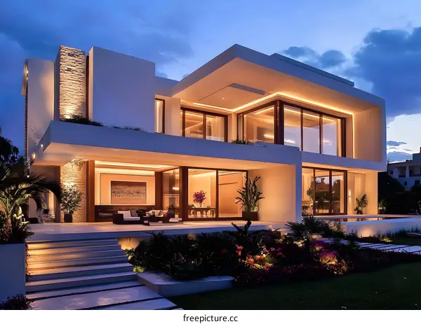 Modern Luxury Home with Outdoor Lighting and Lush Landscaping