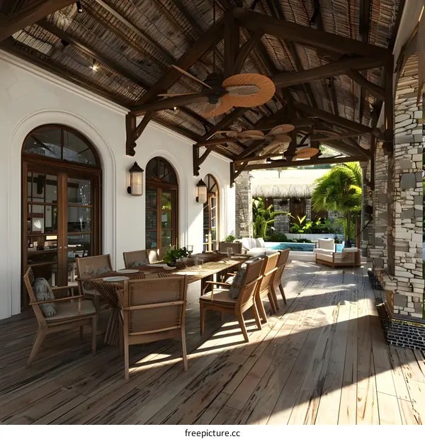Tropical Style Patio with Wooden Dining Table and Chairs