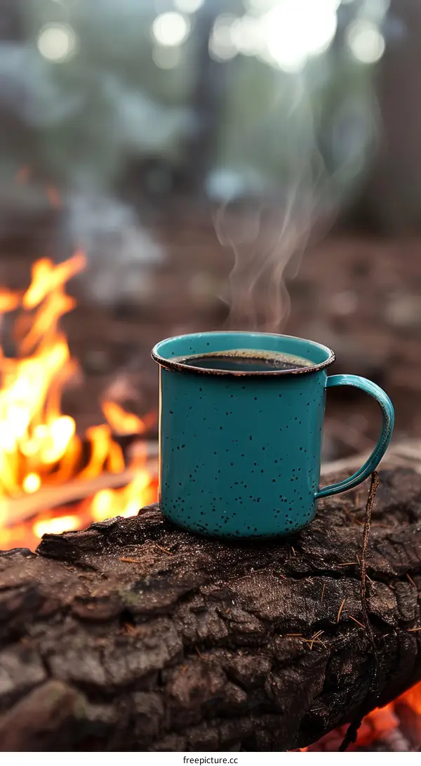 Blue enamel mug on a log by the fire