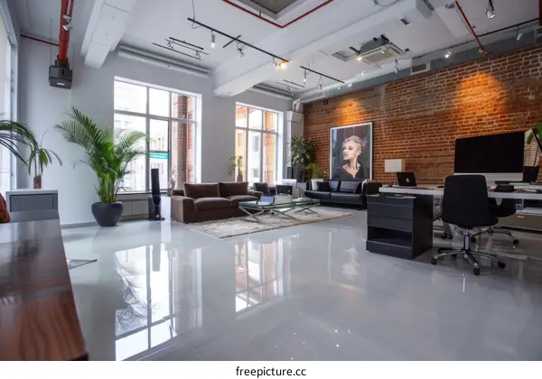 Modern Office Interior Design with Brick Wall and Large Windows