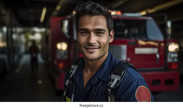 Portrait of a firefighter in front of a fire truck