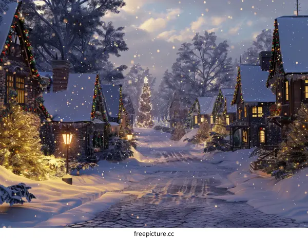 Snowy Village Street with a Decorated Christmas Tree
