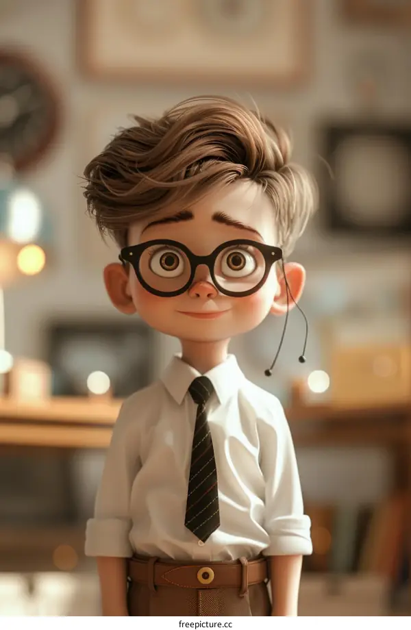 3D Illustration of a Young Boy Wearing Glasses and a Tie
