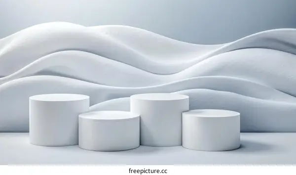 Elegant White Cylindrical Display Podiums with Abstract Wave Background