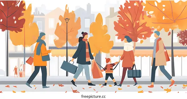 Autumn Day People Walking on Street with Shopping Bags and Falling Leaves