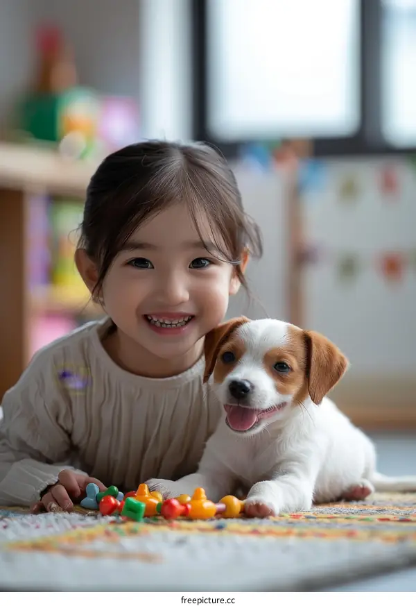A smiling toddler girl with a puppy