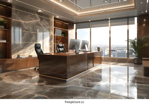Modern Office Interior Design with Marble Floor and Large Window