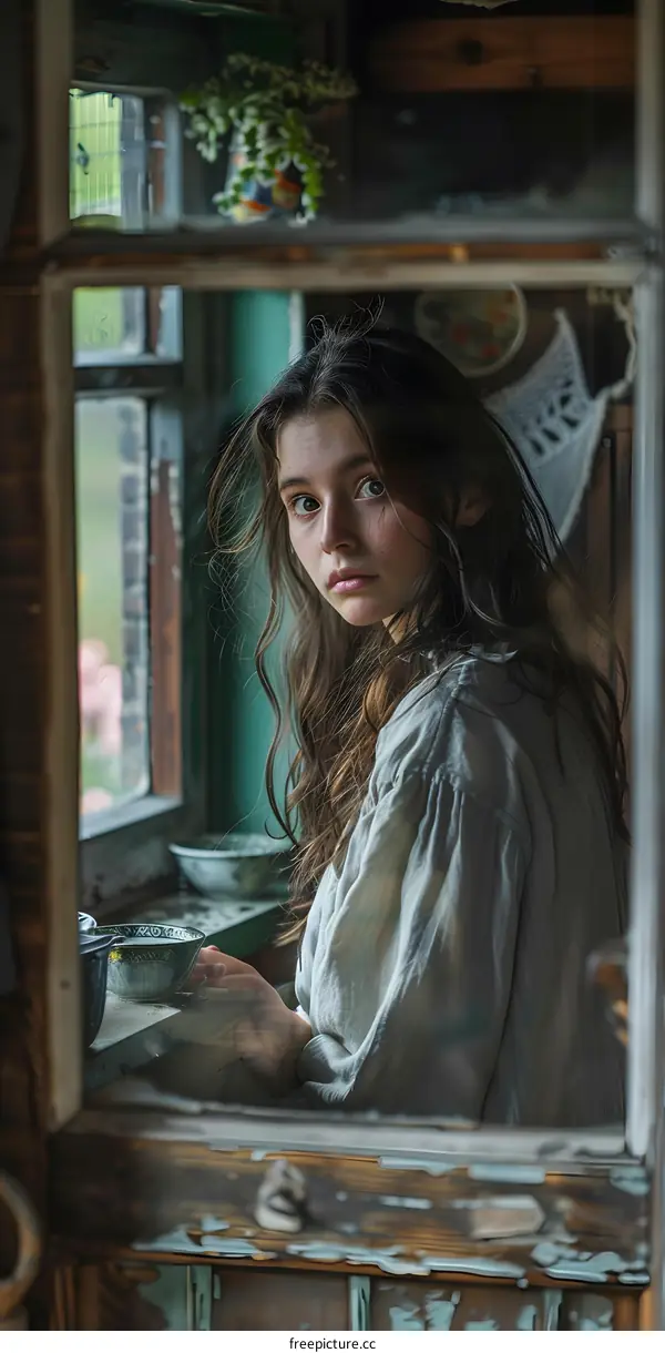 Portrait of a young woman in a rustic setting