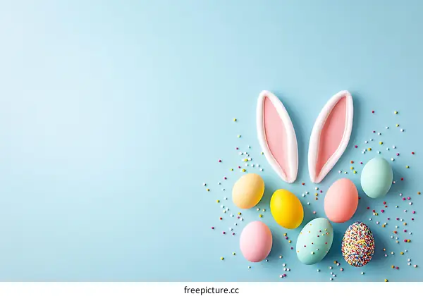 Easter Eggs and Bunny Ears on Pastel Background