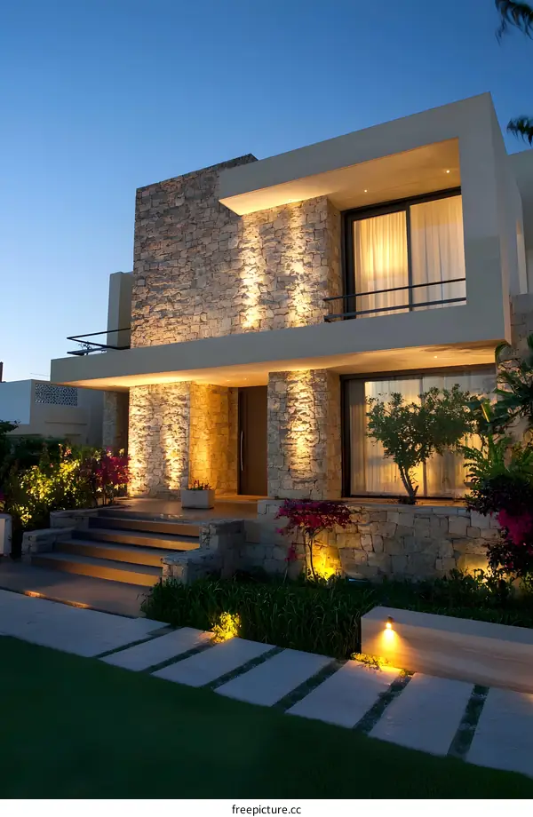 Modern House Exterior with Stone Facade and Landscape Lighting