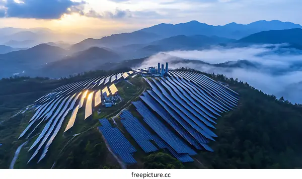 Solar Farm on Mountainside at Sunrise