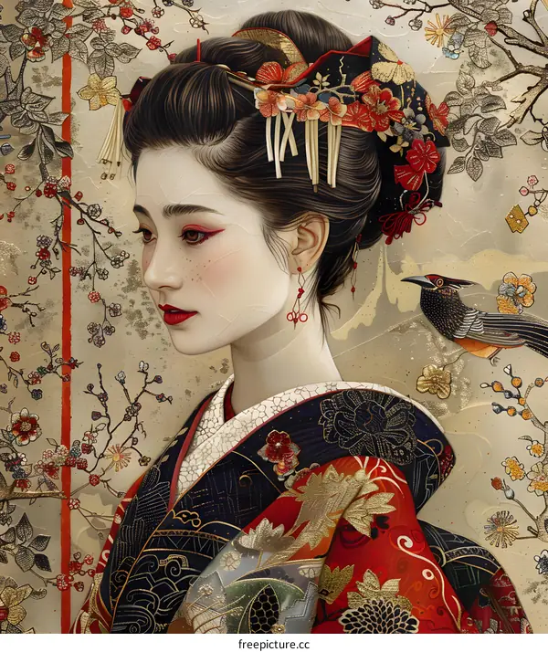 An illustration of a Japanese woman wearing a kimono with a bird in her hair