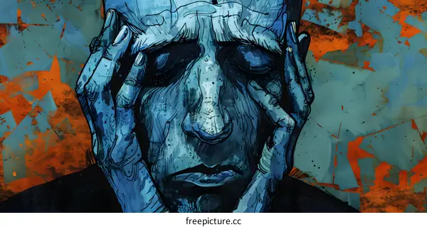Blue man holding his head in despair
