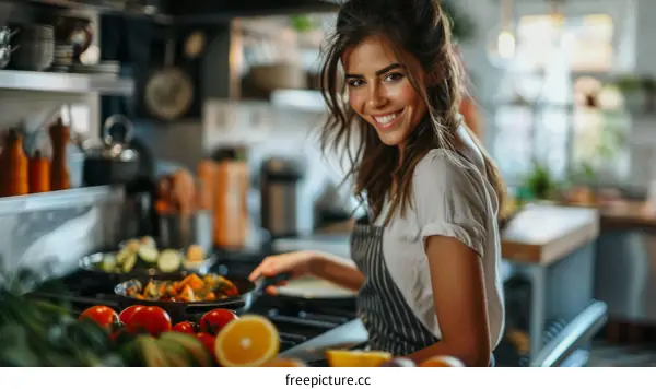 Portrait of a beautiful young woman cooking in the kitchen