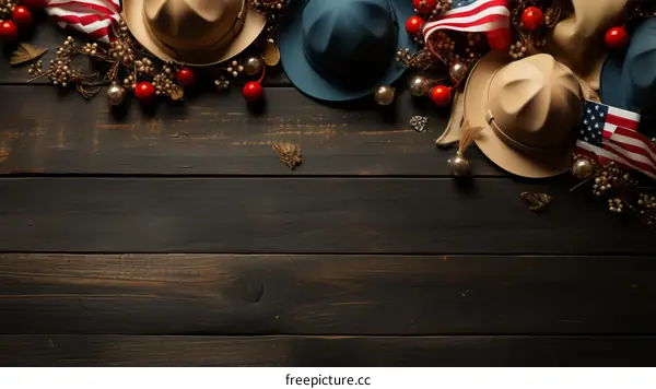 Three campaign hats and American flag