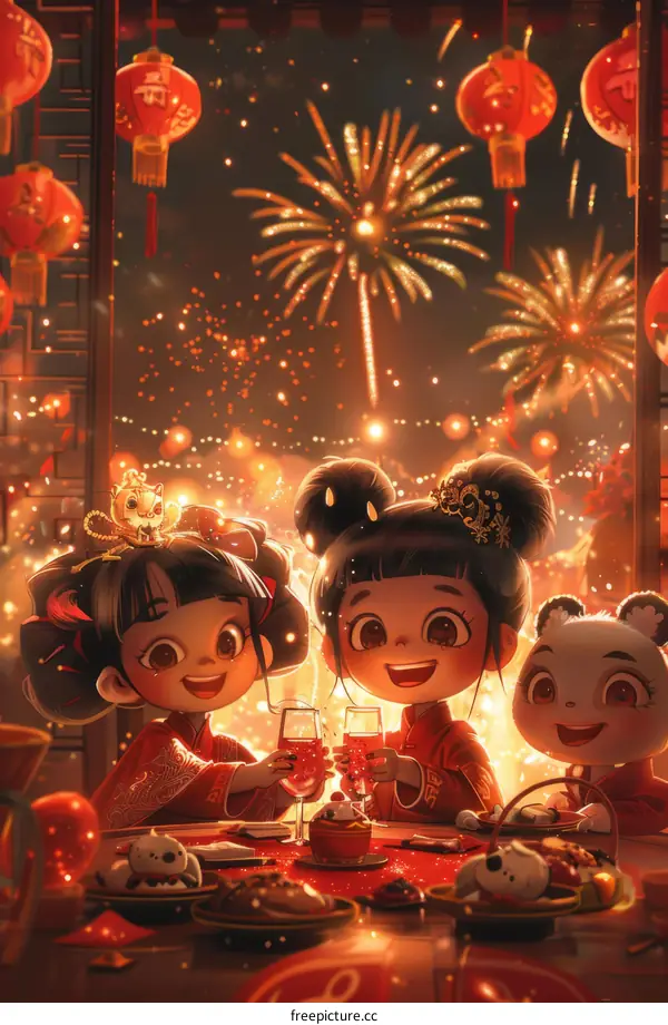 Three Asian girls celebrating Chinese New Year