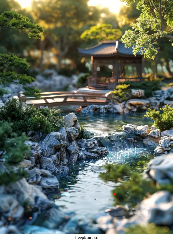 Chinese Garden Pavilion with Water and Bridge