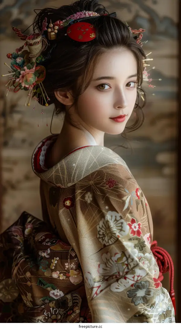 Portrait of a beautiful Asian woman in traditional Japanese kimono