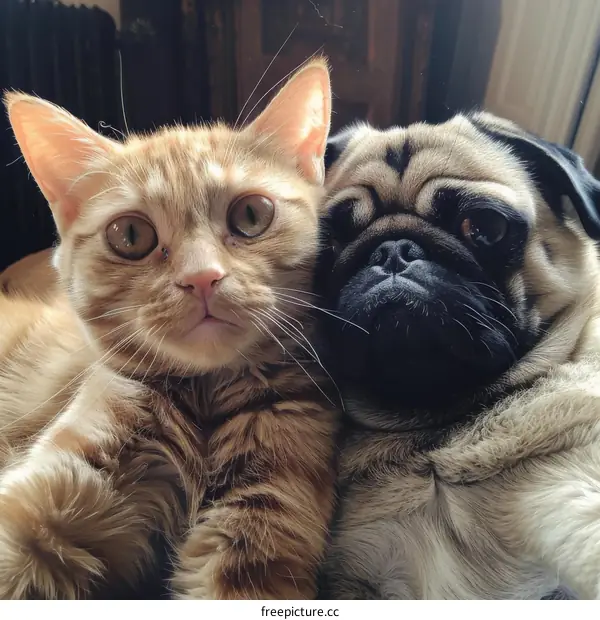 A ginger cat and a pug are lying together on a bed.