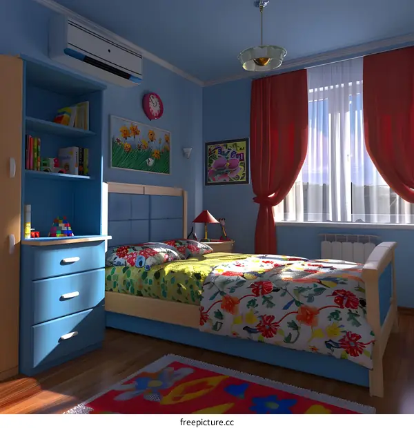 Blue and Red Interior Design Bedroom with Colorful Bedspread