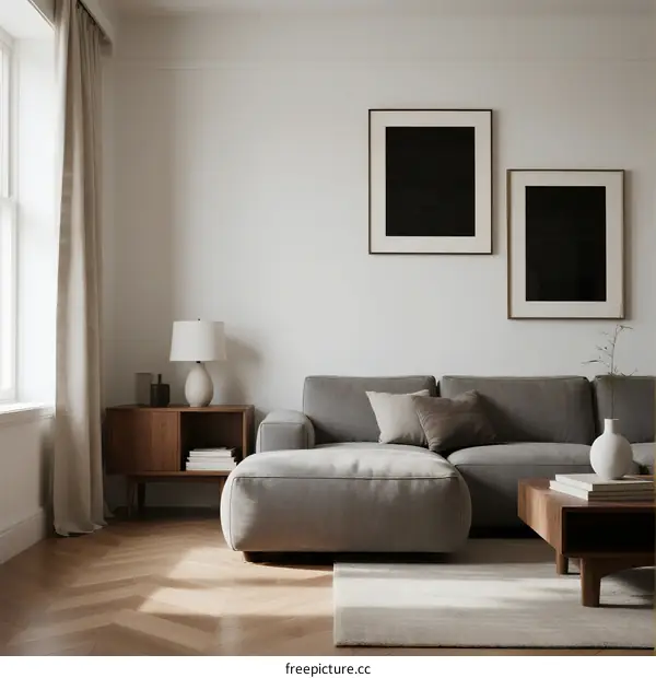 Modern minimalist living room with gray sofa and wall art