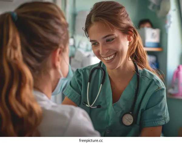 A smiling nurse talking to a patient