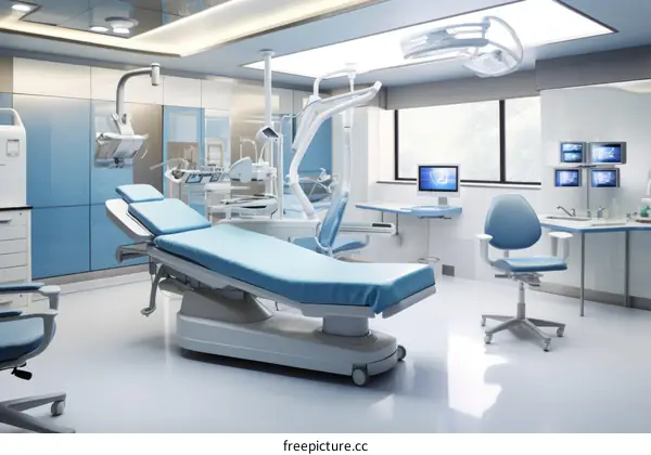 A modern dental clinic with a patient chair, dental tools, and a computer