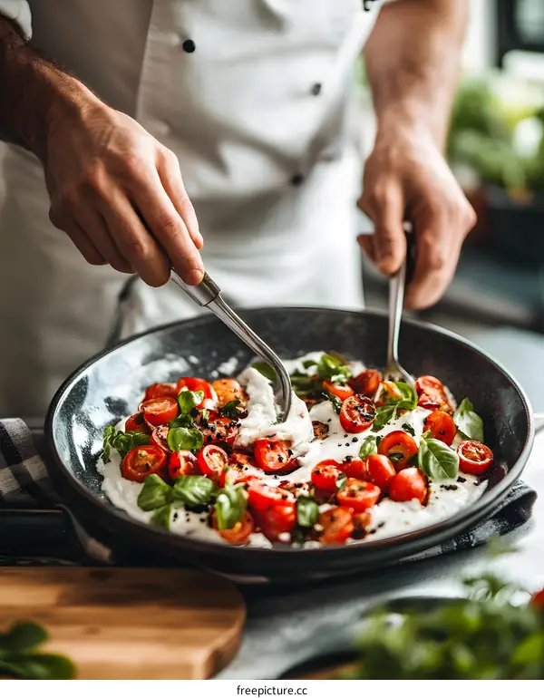 Chef Preparing Delicious Tomato and Basil Salad with Cream