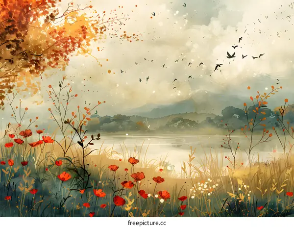 red flowers and birds by the lake