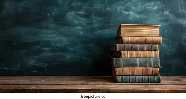 Classic Books on a Wooden Table with Chalkboard Background