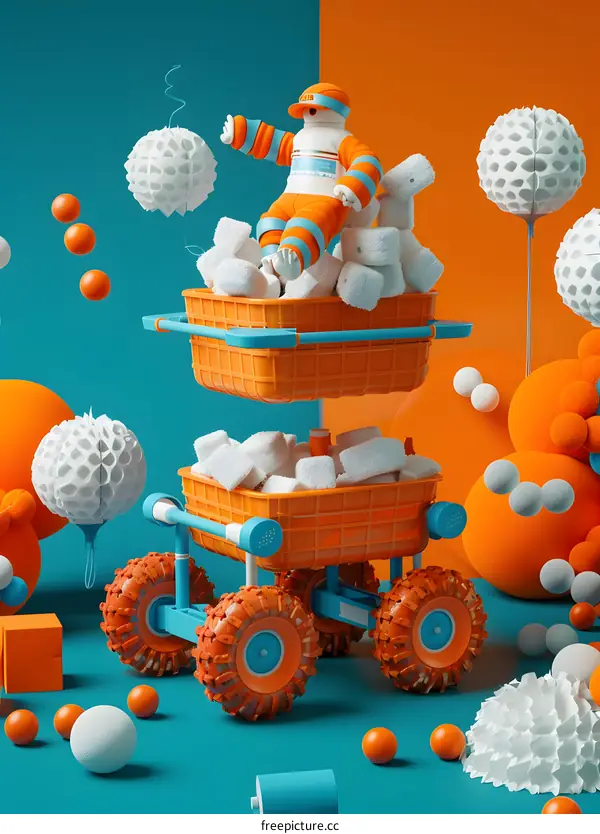 3D Illustration of a Cartoon Character Riding in a Toy Cart