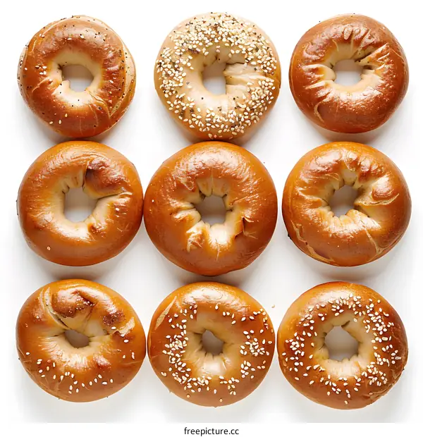 Nine Fresh Bagels on White Background