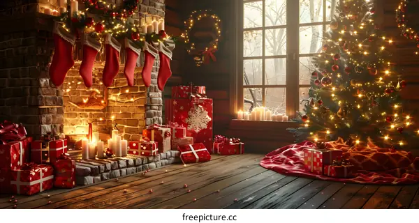 Christmas living room interior with presents and decorated tree